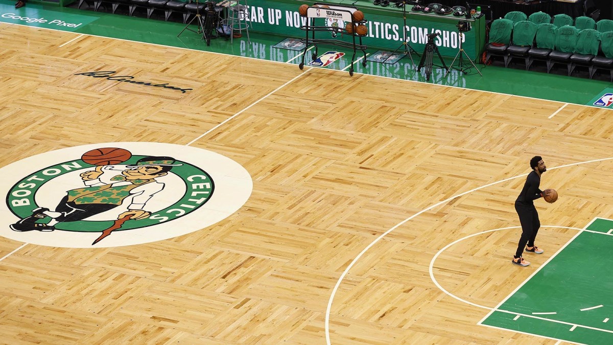Brooklyn Nets guard Kyrie Irving (11) shoots free throws two hours before game two of the first round for the 2022 NBA playoffs.